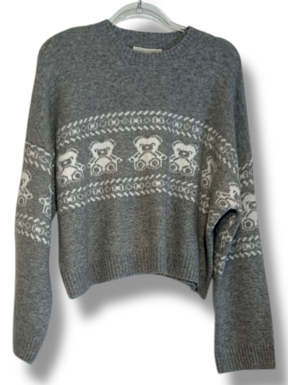 Happily Grey Sweater Teddy Bears White Crew Knit Jumper Womens Size Medium